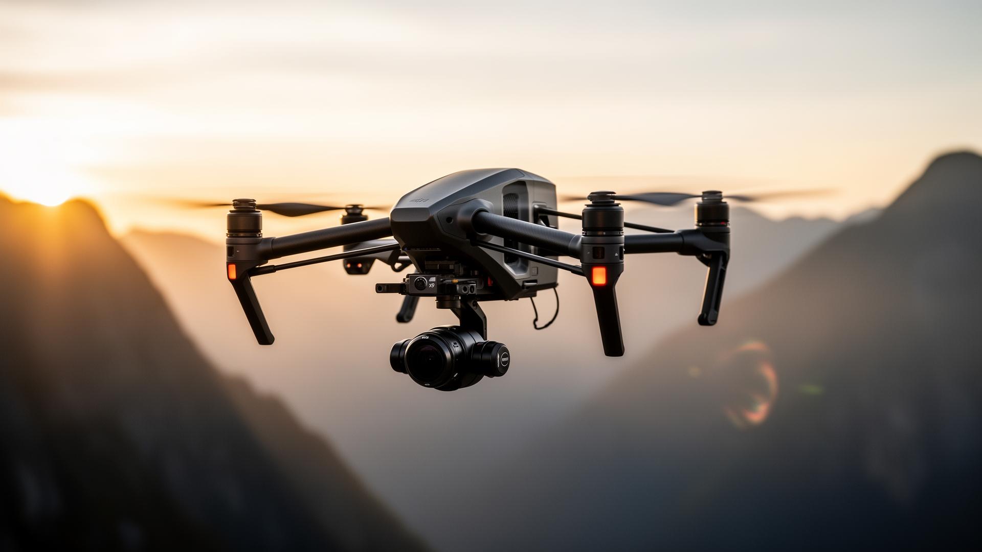 DJI Inspire 3 en vuelo al atardecer